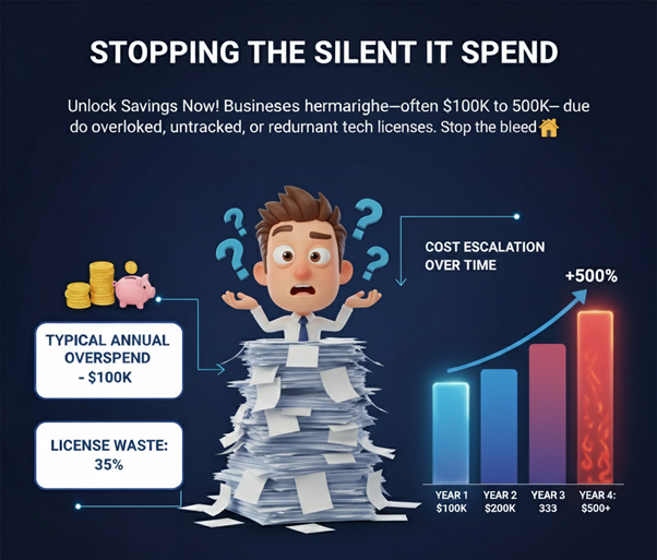 Stopping the Silent IT Spend - Cost escalation visualization showing typical annual overspend
