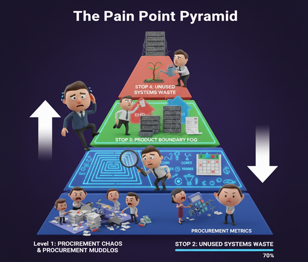 Pain Point Pyramid - Visual representation of common licensing challenges from procurement chaos to unused systems